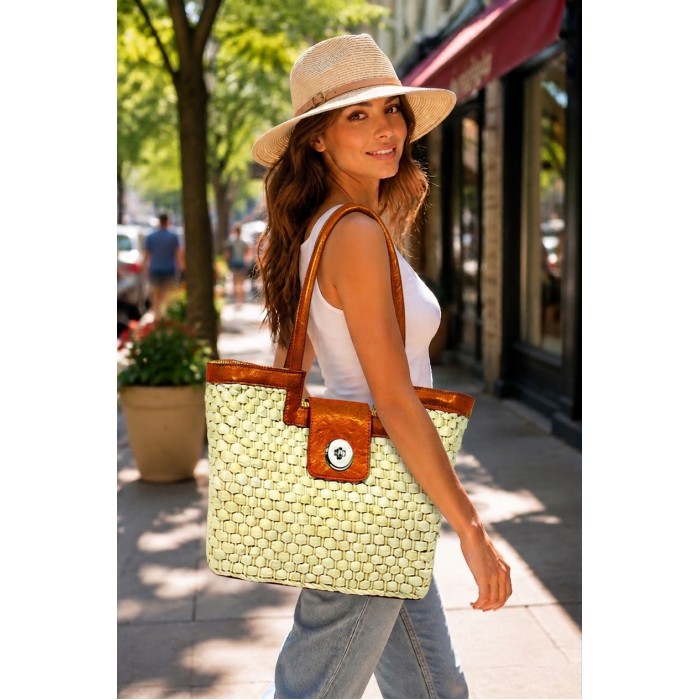 Straw Satchel: Corn Husk w/ Leather-like Trim & Handles - Orange - BG-B10015A-OG